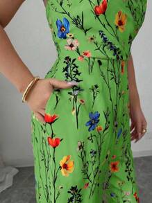 SHEIN PETITE 女式优雅花卉印花细肩带阔腿连体裤，春夏 - 綠色 - 查看 6