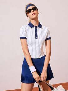 CourtClass Women's Slim Fit Striped Print Sports Polo Shirt For Tennis & Outdoor Exercise Women Golf Tops Women Polo Shirts Women Tennis Tops Striped Polo Shirt Athletic Tops For Women - Multicolor - View 6