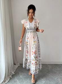 Rafferiza Damen elegantes, lässiges Kleid mit platziertem Muster, Flügelärmel und geraffter Taille - Aprikosenfarben - Übersicht 3