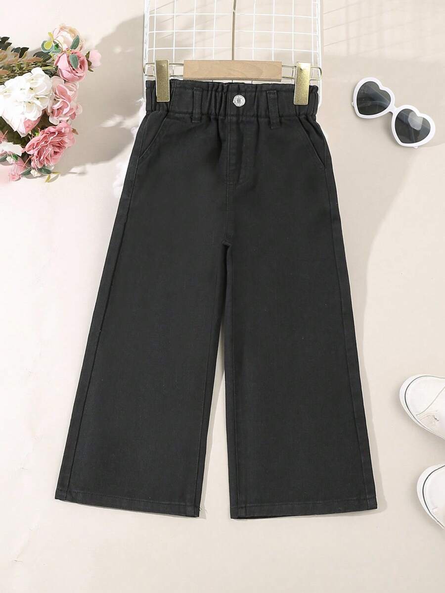 SHEIN Young Girl Casual Boho Holiday Paperback Waist Flat Pockets Wide Legs Jeans, Daily Fall Winter - Black - View 1