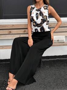 SHEIN Clasi 女圆领百褶无袖宽松黑白几何图案印花直筒裤阔腿裤优雅日常街头春夏女装两件套