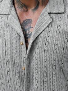 VENTUSAIL 男士纯色纽扣镂空衬衫短裤套装（2件套），度假休闲老公休闲装，适合度假、海边、日常休闲、夏季穿着，舒适法兰绒套装，假日必备 - 灰色 - 查看 3