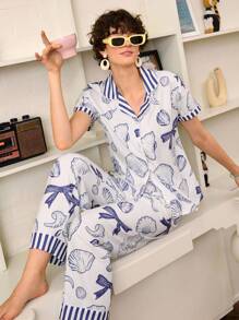 Chillnights Conjunto de pijama informal para mujer con cuello a rayas de contraste, lazo y motivo de conchas marinas
