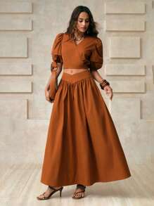 EMERY ROSE 编织纯色 V 领短款泡泡袖系带蝴蝶结腰裙 2 件套优雅休闲度假风格女士服装，春夏秋 - 卡其色 - 查看 8