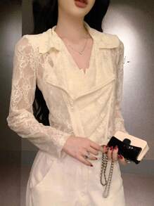 DAZY 女士宽松休闲街头风格撞色蕾丝长袖夹克薄外套，适合春、夏、秋、秋季女装 - 米色 - 查看 4