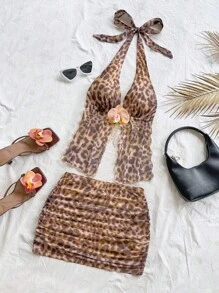 SHEIN x Eduarda Gutierrez Soleia Multicolor Animal Print Two-Piece Outfit With Halter Top And Ruched Skirt Leopard Print Two Piece Leopard Skirt Set - Multicolor - View 4