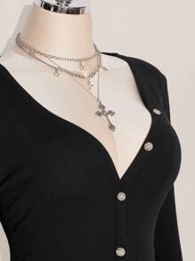 SHEIN ICON 加大码 V 领荷叶边下摆修身长袖针织毛衣，返校日穿，秋冬长袖上衣 - 黑色 - 查看 6