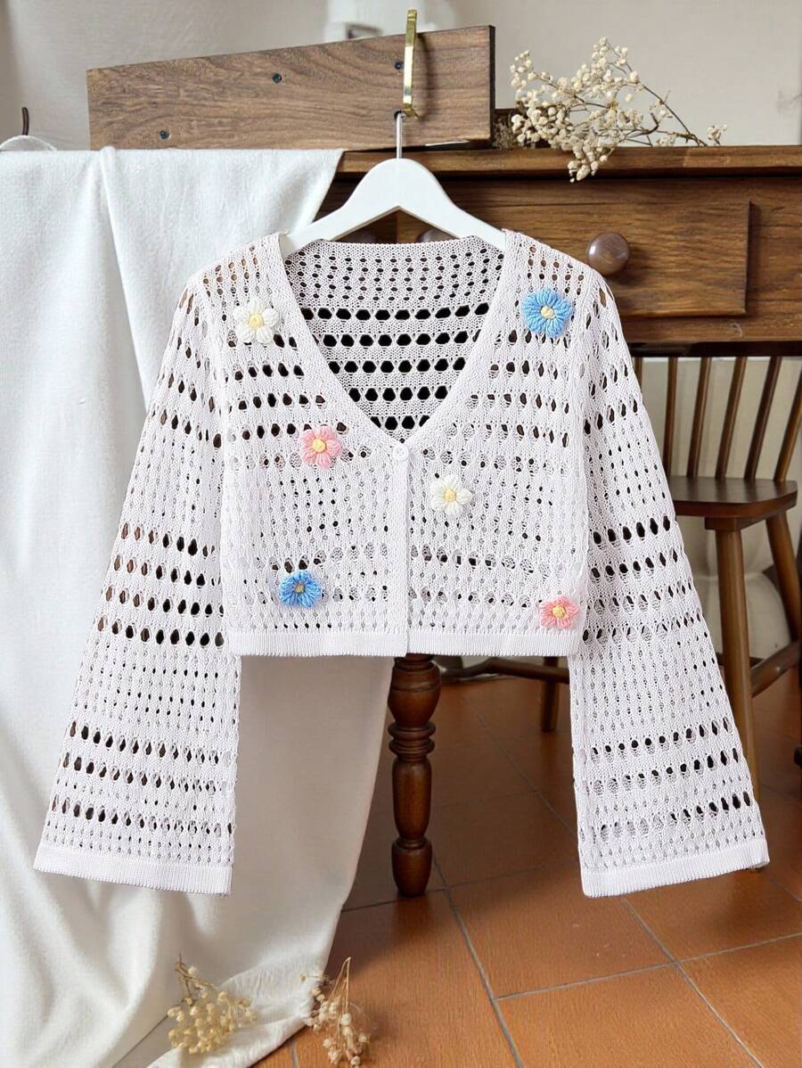 SHEIN Vintaside Kids Maglione A Maglia Per Ragazza Con Camicia A Fiori 3d, Decorato A Maglia Traforato - Bianco - Visualizzare 1