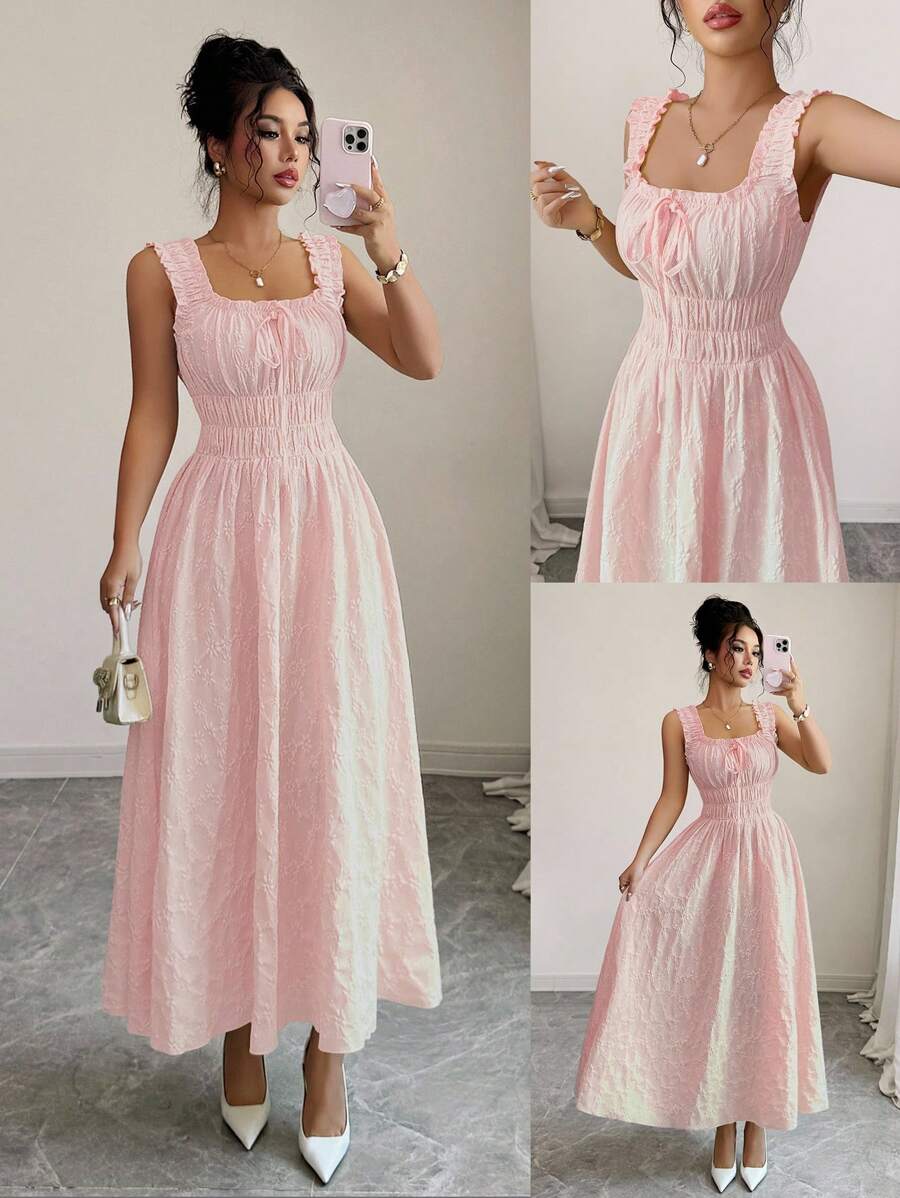 Selianne 新款女式编织纹理花卉面料细肩带蝴蝶结设计腰部喇叭形 A 字优雅百搭女士连衣裙 - 粉色 - 查看 1