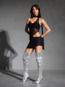 CUCCOO SZL Giày bốt cao đến đầu gối bóng chắp vá sequin cho nữ, thời trang, cổ điển, đa năng cho đi làm, hẹn hò, tiệc tùng, ngày lễ - Bạc - Xem 3