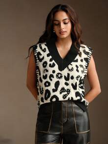 Anewsta Chaleco de punto con decoración de tachuelas y estampado de leopardo jacquard para mujer - Blanco y Negro - Ver 6