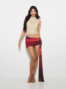 KIZN 闪亮网眼背心 闪亮高领无袖短款上衣 纹理修身节日派对晚会俱乐部服装 Y2K 时尚 - 奶油色 - 查看 3