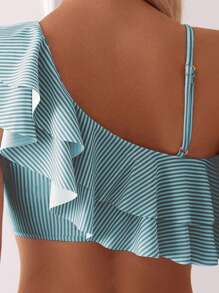SHEIN Swim Printed Random Stripe Patchwork Ruffle Trim Asymmetrical Neck Crop Top And High Waist Bikini Set For Summer Beach Vacation - Multicolor - View 5