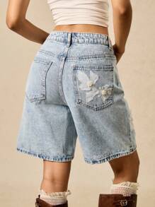 Easelle Jeans azules sueltos de pierna recta con roturas, con bordados de corazón y estrella, para mujer, para primavera/verano