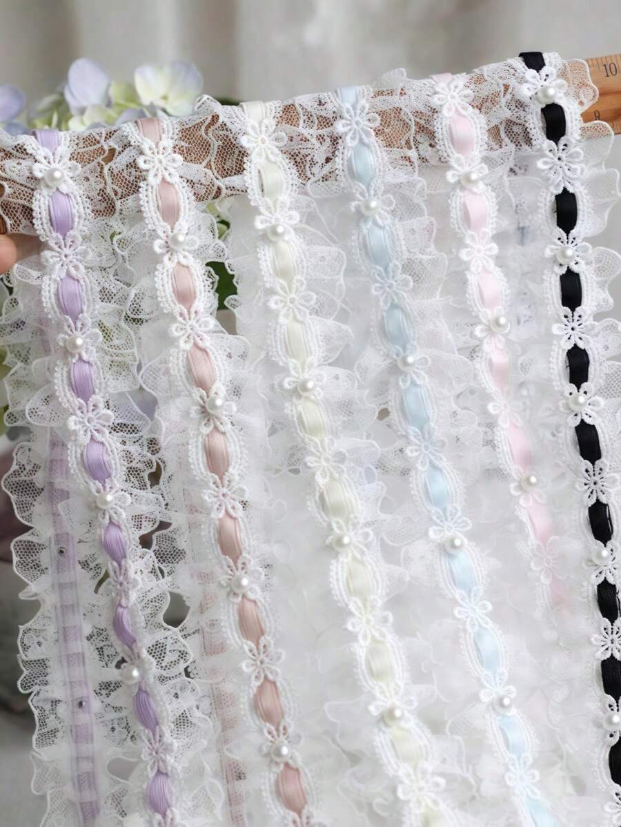 优质 1 码（36 英寸）缎带，带蕾丝花和珍珠装饰 - 复古饰边，适用于连衣裙、新娘头饰、DIY 工艺品、礼品包装、裙边和服装配饰 - 彩色 - 查看 1