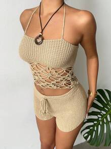 Aloruh Women's 2 Pieces Set: Apricot Crochet Spaghetti Strap Top And Ultra Low Waist Mini Floral Print Shorts, New Arrival Spring/Summer Vacation Outfit - Apricot - View 5