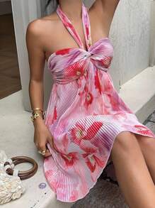 SHEIN EZwear Damen Urlaub Blume Muster Neckholder Chic Minikleid Rosa Blumen Sommerkleid Rosa Sommerkleid Sommer Sommerkleid Neckholder Sommerkleid