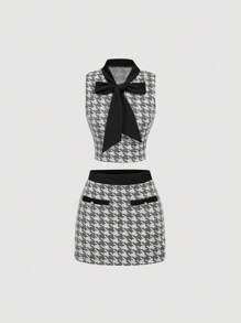 SHEIN MOD Black & White Houndstooth Printed Bow Decor Sleeveless Top And Mini Skirt Elegant 2 Pieces Set - Black and White - View 1