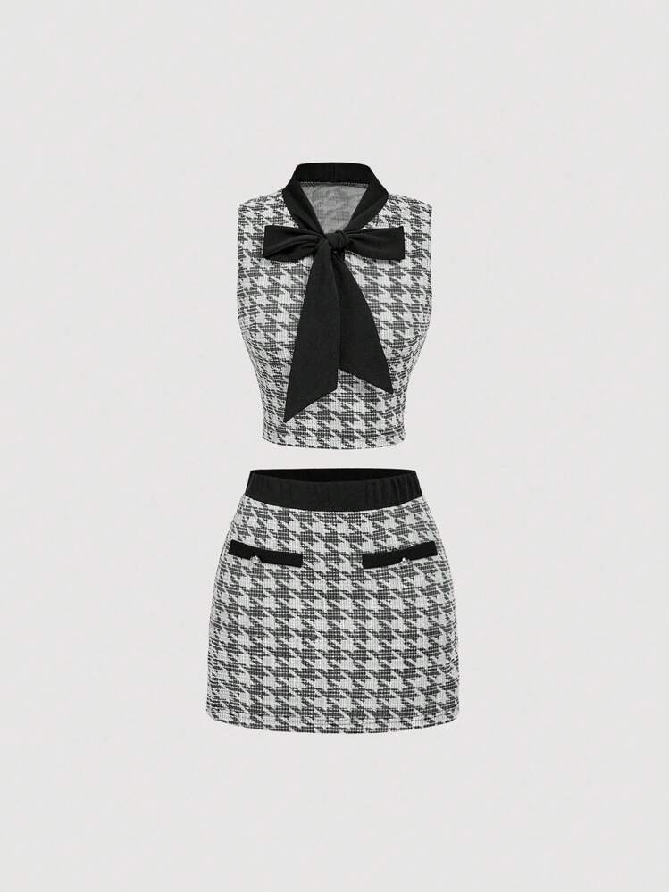 SHEIN MOD Black & White Houndstooth Printed Bow Decor Sleeveless Top And Mini Skirt Elegant 2 Pieces Set - Black and White - View 1