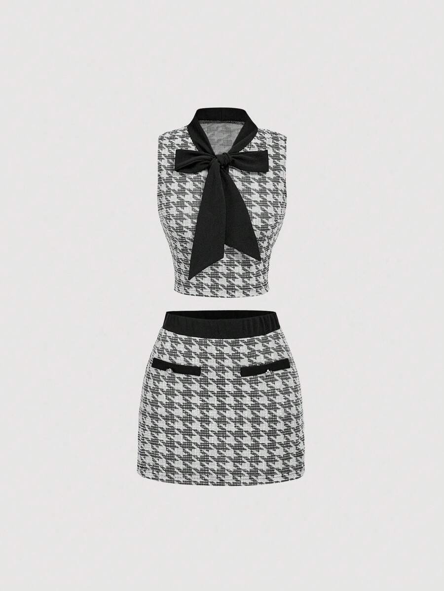 SHEIN MOD Black & White Houndstooth Printed Bow Decor Sleeveless Top And Mini Skirt Elegant 2 Pieces Set - Black and White - View 1