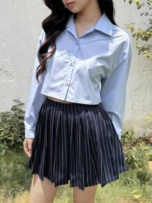 SHEIN 少女蓝色条纹百褶裙和百搭衬衫两件套校服套装 - 藍色 - 查看 1