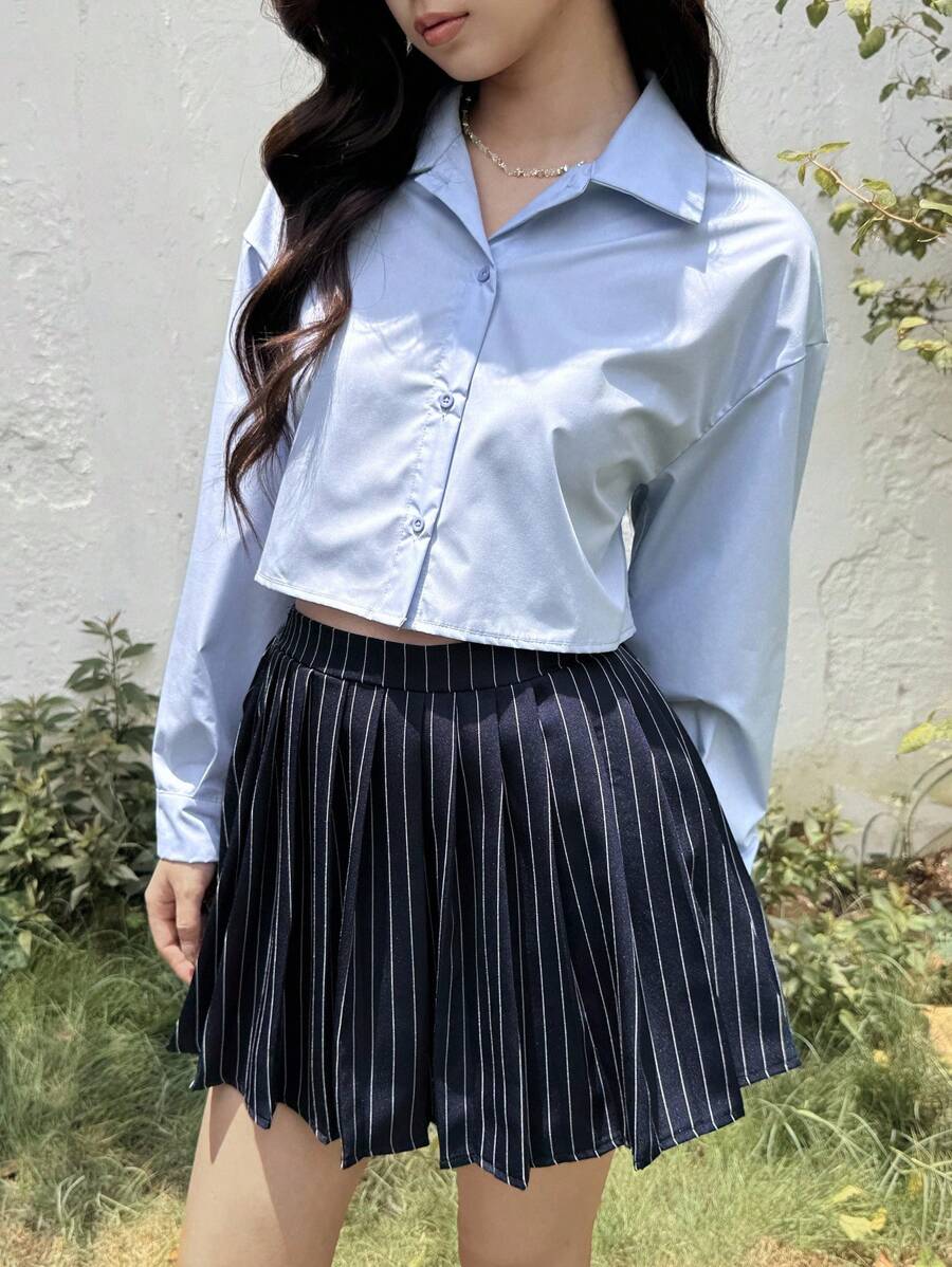 SHEIN 少女蓝色条纹百褶裙和百搭衬衫两件套校服套装 - 藍色 - 查看 1