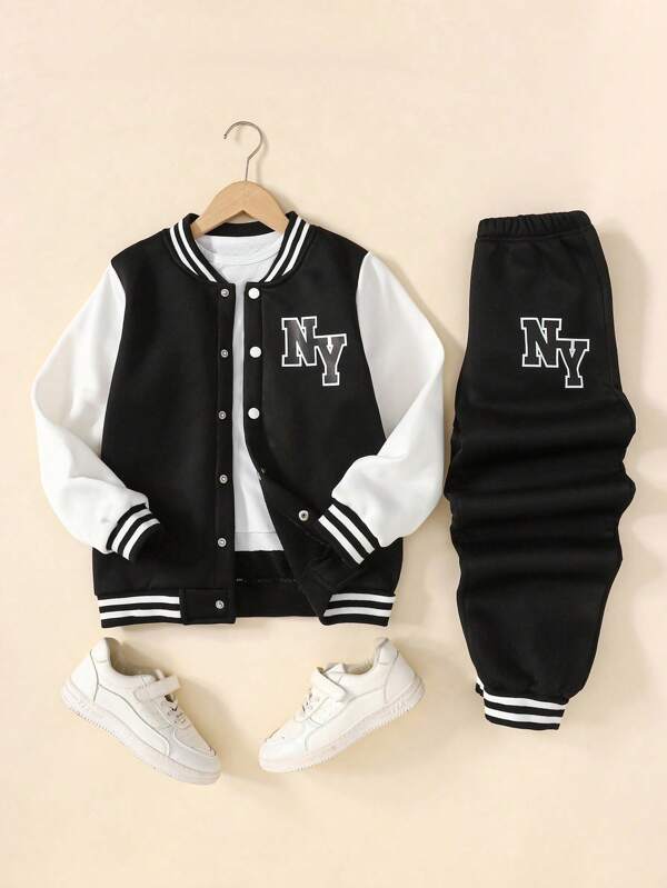 Conjunto de chaqueta béisbol y pantalones con bloques de color y estampado de letras para niño preadolescente, adecuado para uso casual y escolar