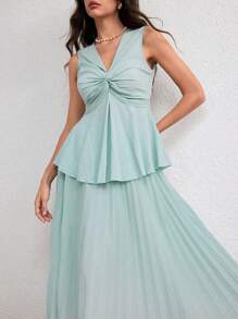 Modelyn Women's Sleeveless Solid Color Twist Knotted Top & Pleated Midi Skirt 2 Pieces Set, Elegant Summer - Mint Green - View 4