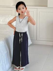 Dazy Kids Conjunto de pijama para niña con camisa de tirantes de unicolor de cuello redondo y pantalones de estar en casa con rayas laterales - Gris - Ver 5