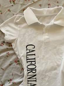 SHEIN 美式风格Polo领字母刺绣修身百搭女式T恤 - 白色 - 查看 2