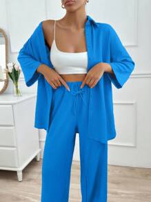 SHEIN 高个女款两件套，前扣长袖上衣搭配前系带长裤，简约风格 - 寶藍色 - 查看 4