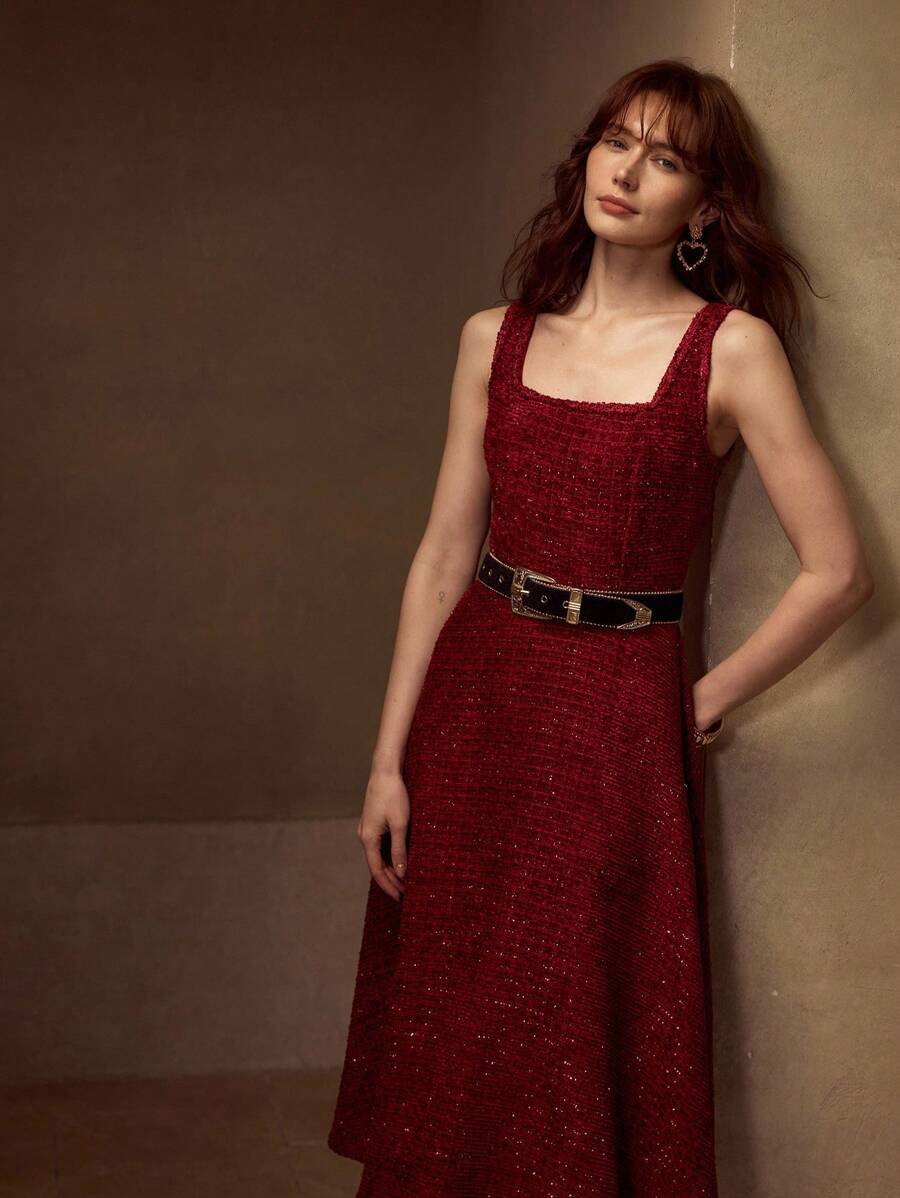 MOTF PREMIUM VÁY TWEED CÓ KHÓA KÉO - Màu Đỏ Sâu - Xem 1