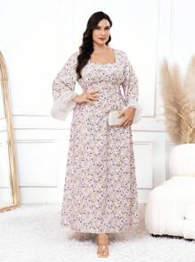 Al Najma Plus Size Vintage Elegant Contrast Color Tie-Up Women Arabic Style Long Dress - Multicolor - View 1