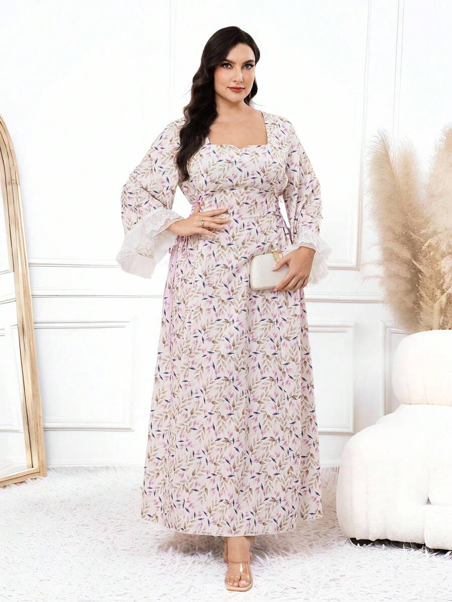 Al Najma Plus Size Vintage Elegant Contrast Color Tie-Up Women Arabic Style Long Dress - Multicolor - View 1