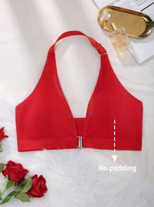 SHEIN Esselle Plus Size Solid Color No Underwire Halter Neck Splicing Mesh Bra - Red - View 6