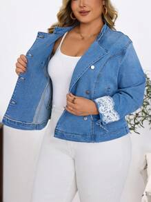 EMERY ROSE Plus Size Casual Vacation Washed Contrast Lace Denim Jacket - Light Wash - View 8