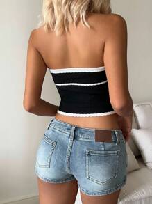 SHEIN EZwear Women Contrast Color Front Tie Cropped Fitted Bandeau Knit Top,Date Night - Pink - View 2