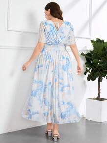 Modelyn Đầm dự tiệc thanh lịch cổ chữ V in hoa cỡ lớn cho nữ tay cánh dơi - Xanh và trắng - Xem 3