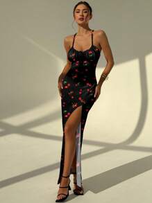 Aloruh 女士休闲优雅高开衩至大腿褶饰长款吊带裙，适合夏季日常穿着，樱桃印花