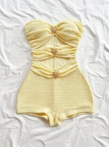 Soleia Women's Vacation White Knit Texture Metal Accessory Decor Slim Jumpsuit, Suitable For Party, Date, Afternoon Tea, Music Festival, Beach, Cruise, Summer Outfit One Piece Playsuit Yellow Playsuit