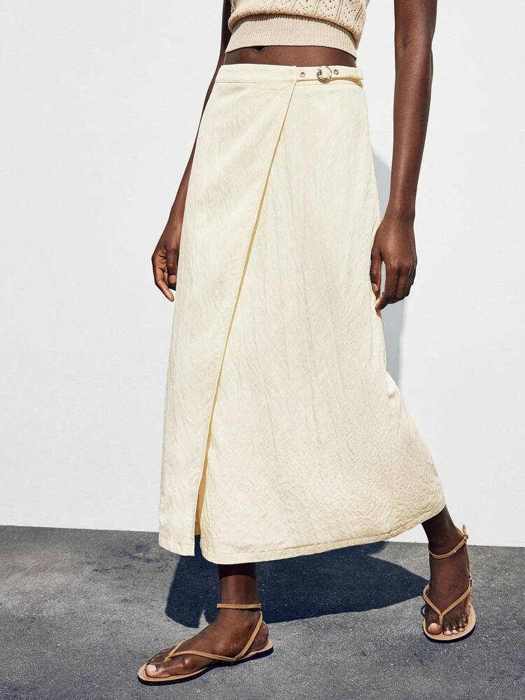 SHEIN Maija Women's Solid Color Side Buckle Design Open Hem Casual Skirt Creme SkirtWith Slit Split Skirt Resort Wear Beige Skirt Business Casual Women's Wear, Office Wear, Low-Key Old Money Style, Effortless Temperament, High-End Urban Commuting, The Same Style As The Editor-In-Chief Of The Magazine, Urban Social Vacation Party Wear, Charming, Low-Key And Durable Basic Style, Versatile And Not Picky Clothing, Street Fashion Wear, Clothing, Coffee Shop, Relaxed Wear Business Casual Women's Office Wear