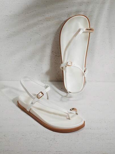 SHUZIA 女士舒适金色金属趾环平底凉鞋