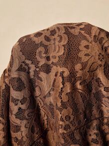 Easelle 蕾丝棕色连衣裙迷你长袖喇叭袖不对称蕾丝波西米亚风西部游牧风连衣裙喇叭长袖秋冬搭配复古 - 咖啡 - 查看 4