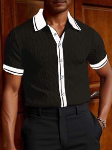 Manfinity Homme 休闲宽松简约拼色短袖男士针织毛衣 - 黑色 - 查看 1