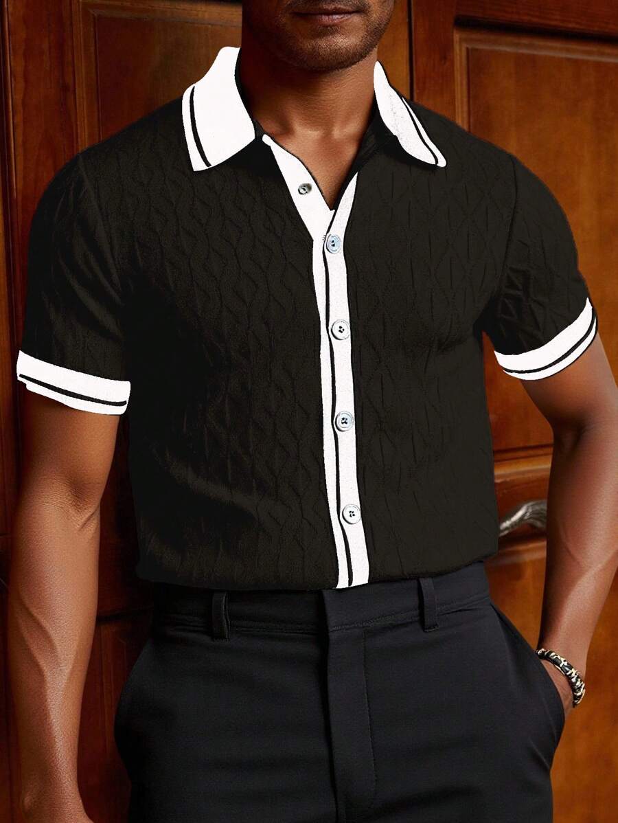 Manfinity Homme 休闲宽松简约拼色短袖男士针织毛衣 - 黑色 - 查看 1