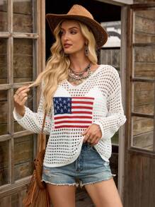 LanaWest Women 4th Of July Casual Flag Cutout Hooded Sweater Knit Pullover Fall Winter