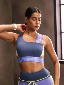 Powerista Women's Summer Gym Sportswear Letter Print Purple Blue Yellow Patchwork Asymmetrical Workout And Sports Bra - Blue - View 5