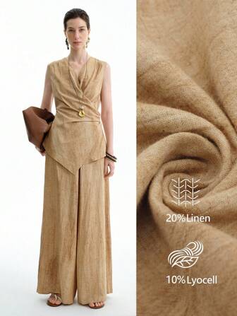 Aalyst Tenue décontractée élégante et polyvalente de style français pour les femmes, pour le trajet, le bureau, les vacances, confortable pour le thé de l'après-midi, le festival de musique/de bière: Top sans manches à col en V avec lien à la taille et ourlet asymétrique + Pantalon large à jambes évasées à taille haute avec fermeture éclair devant, Kaki