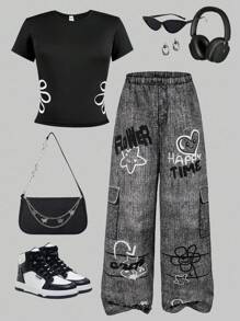 SHEIN ChillGRL 2件套青少年夏季舒适运动时尚花卉镂空短袖上衣和休闲裤套装