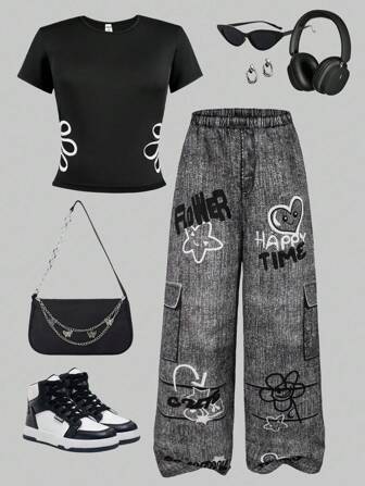 SHEIN 2 pièces/set Haut à manches courtes ajouré floral décontracté et pantalon casual, tenue de sport d'été confortable pour adolescents